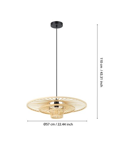 Lámpara Colgante LYDNEY con Pantalla de Bambú Natural y Acabado Negro, E27