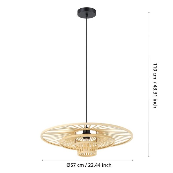Lampe à suspension LYDNEY avec abat-jour en bambou naturel et finition noire, E27
