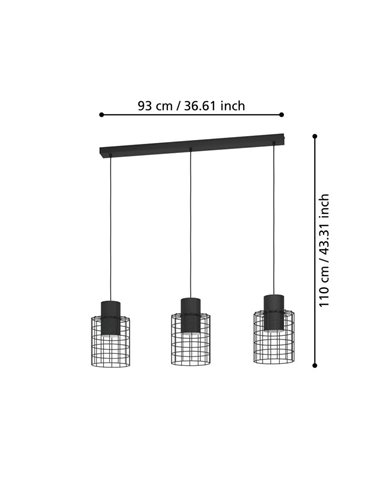 Lámpara de techo Colgante Industrial MILLIGAN de Acero Negro con 3 Pantallas, E27
