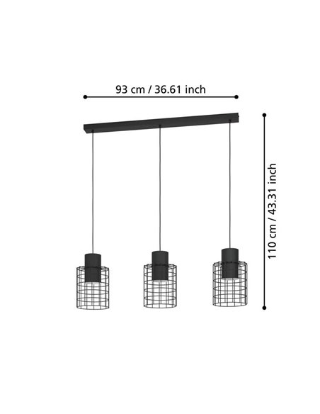 Lámpara de techo Colgante Industrial MILLIGAN de Acero Negro con 3 Pantallas, E27