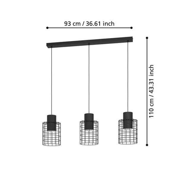 Lámpara de techo Colgante Industrial MILLIGAN de Acero Negro con 3 Pantallas, E27