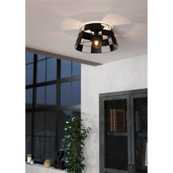 Plafón de techo Industrial PONTEFRACT de Metal Negro con Pantalla Geométrica, E27