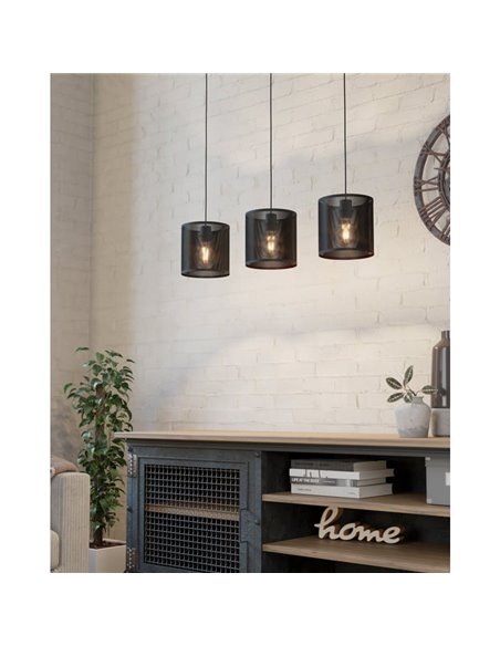 Candeeiro suspenso industrial MANBY com três abajures, metal expandido preto, 3XE27