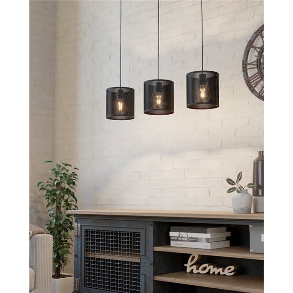 Lampe à suspension industrielle MANBY avec trois abat-jour, métal déployé noir, 3XE27