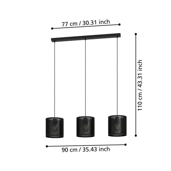 Lampe à suspension industrielle MANBY avec trois abat-jour, métal déployé noir, 3XE27