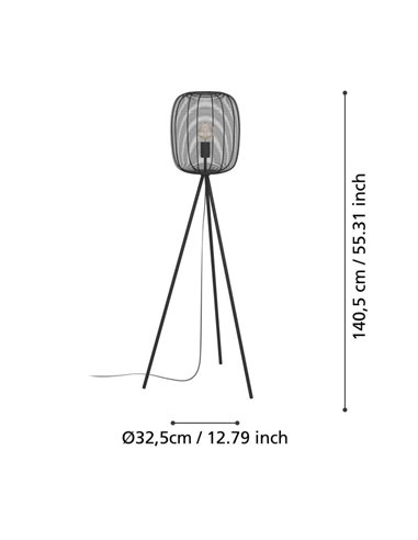 Lámpara de Pie Industrial con pata trípode RINROE de Metal Alambre Negro, E27