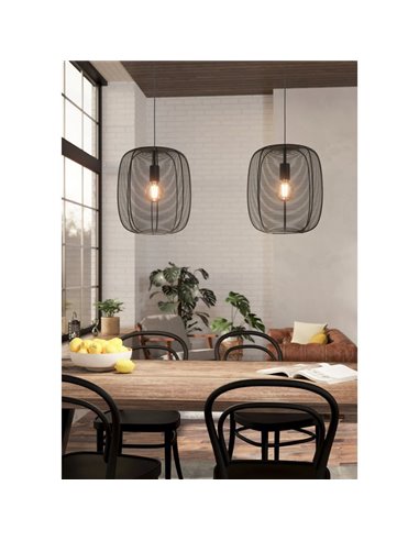 Lampe à suspension industrielle avec 2 abat-jour en fil métallique noir RINROE, 2XE27