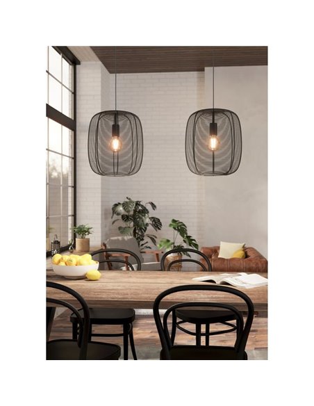 Candeeiro suspenso industrial com 2 abajures de fio metálico RINROE preto, 2XE27