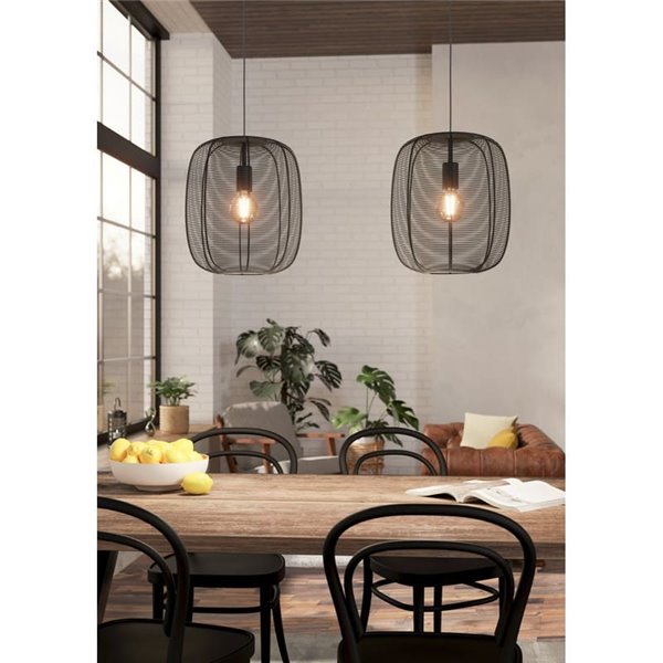 Lampe à suspension industrielle avec 2 abat-jour en fil métallique noir RINROE, 2XE27