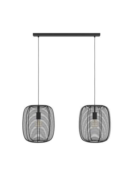 Candeeiro suspenso industrial com 2 abajures de fio metálico RINROE preto, 2XE27