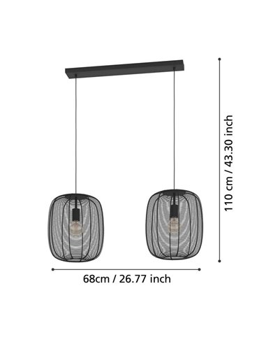 Lampe à suspension industrielle avec 2 abat-jour en fil métallique noir RINROE, 2XE27