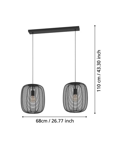 Lámpara Colgante Industrial con 2 pantallas RINROE de Metal Alambre Negro, 2XE27