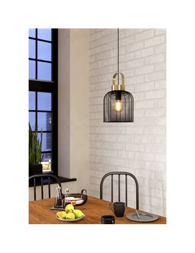 Plafonnier à Suspension Industriel ROUNDHAM Métal Noir et Laiton Ø220mm, E27