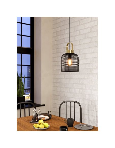 Plafonnier à Suspension Industriel ROUNDHAM Métal Noir et Laiton Ø220mm, E27