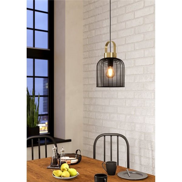 Lámpara de Techo Industrial Colgante ROUNDHAM Metal Negro y Latón Ø220mm, E27