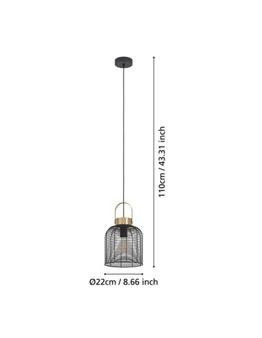 Lámpara de Techo Industrial Colgante ROUNDHAM Metal Negro y Latón Ø220mm, E27