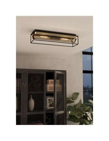 Plafón de Techo Estilo Industrial NOHALES de Metal Negro y Latón, 2XE27