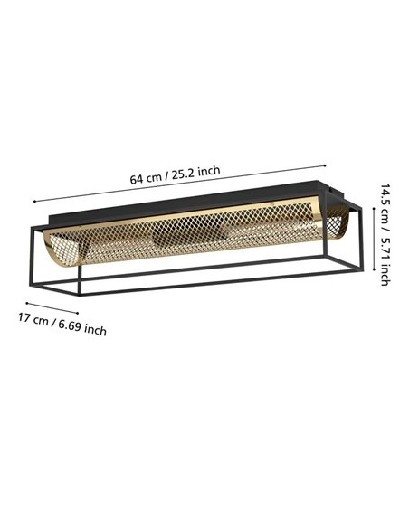 Plafonnier NOHALES de style industriel en métal noir et laiton, 2XE27