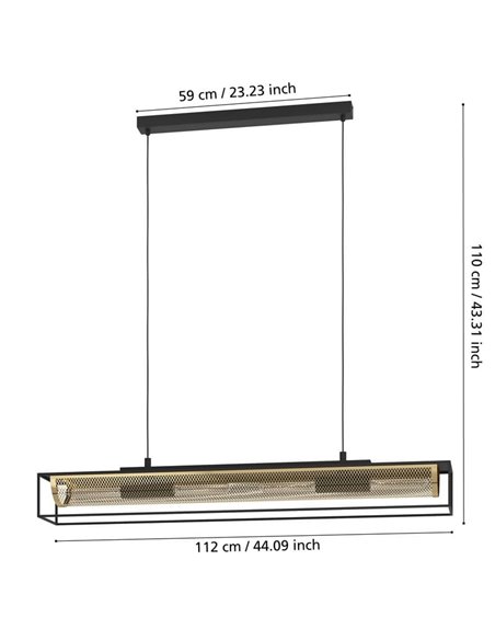 Candeeiro suspenso industrial NOHALES em metal preto e latão, 4XE27