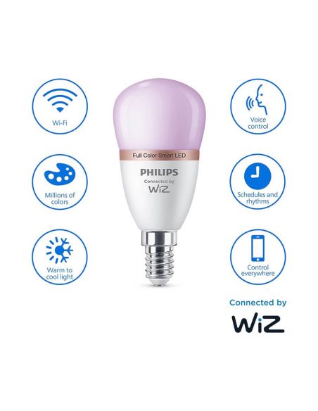Bombilla LED inteligente E14 esférica RGB con Wiz, Wi-Fi y Bluetooth Regulable E14 Philips Smart