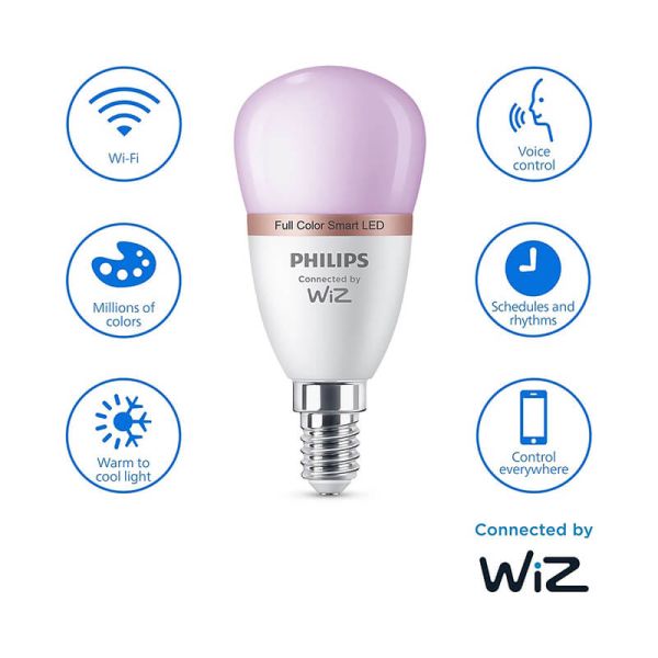 Lâmpada LED inteligente RGB esférica E14 com Wiz, Wi-Fi e Bluetooth regulável E14 Philips Smart