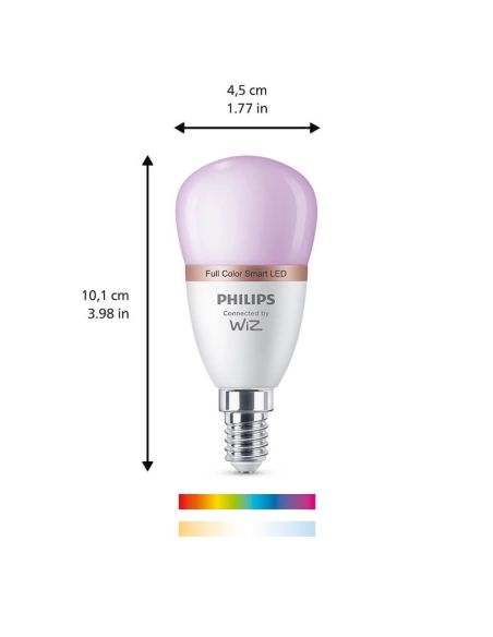 Dimensiones Bombilla LED inteligente E14 esférica RGB con Wiz, Wi-Fi y Bluetooth Regulable E14 Philips Smart