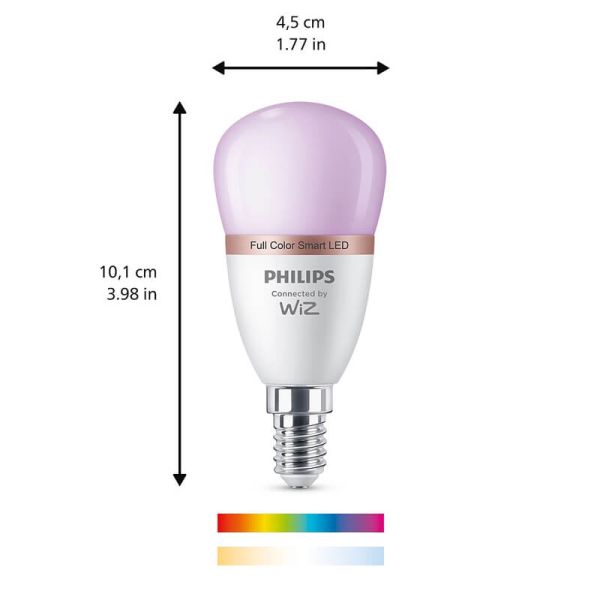 Dimensões Lâmpada LED inteligente RGB esférica E14 com Wiz, Wi-Fi e Bluetooth Regulável E14 Philips Smart