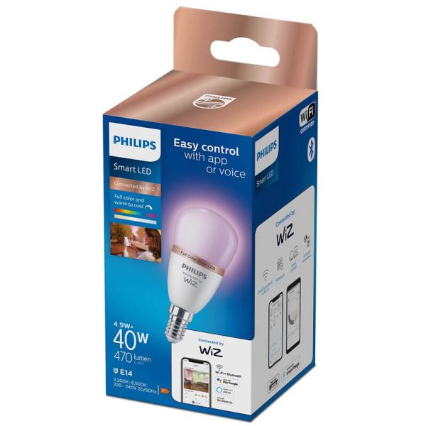 Lâmpada LED inteligente RGB esférica E14 com Wiz, Wi-Fi e Bluetooth regulável E14 Philips Smart