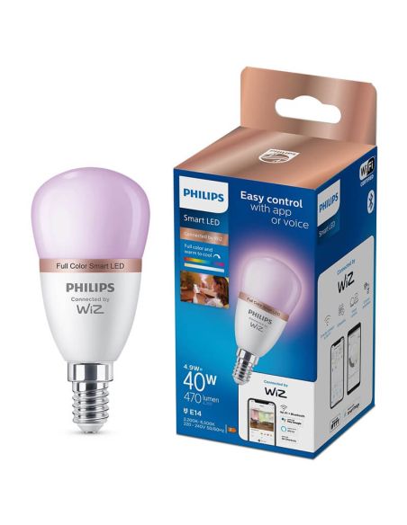 Bombilla LED inteligente E14 esférica RGB con Wiz, Wi-Fi y Bluetooth Regulable E14 Philips Smart