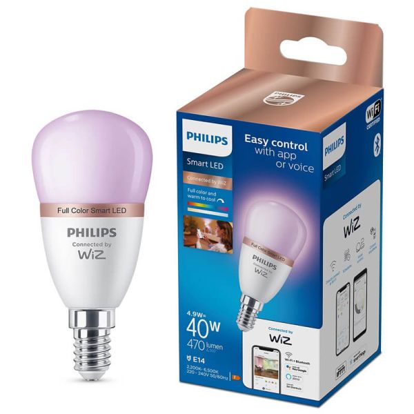 Bombilla LED inteligente E14 esférica RGB con Wiz, Wi-Fi y Bluetooth Regulable E14 Philips Smart