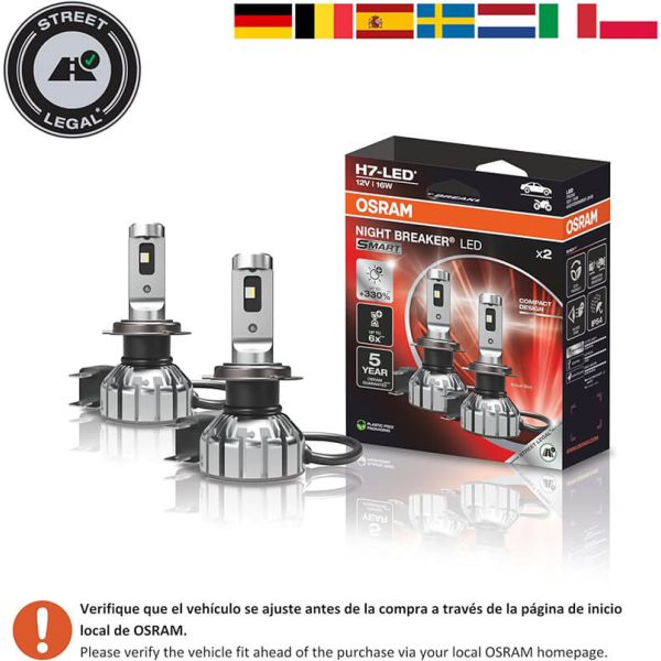 Bombillas Led H7 Night Breaker LED Smart homologadas en España +330% de brillo 64210DWNBSM-2HB Osram homologacion