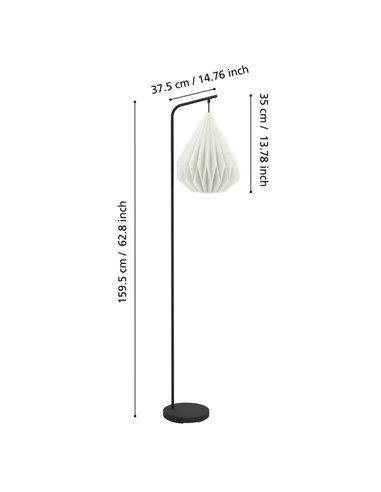Lampadaire MINTING avec abat-jour en papier plié blanc et métal noir, E27