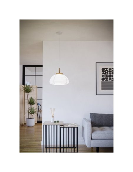 Candeeiro suspenso SUMMERHILL com abajur de papel branco e detalhes em madeira Ø55cm, E27
