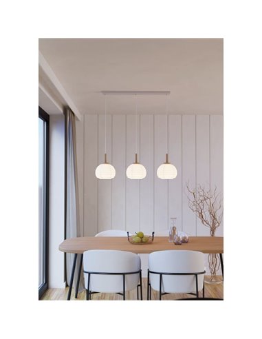 Candeeiro suspenso triplo SUMMERHILL com abajures de papel branco e madeira, 3XE27