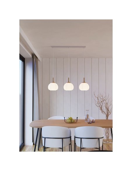 SUMMERHILL Lampe à suspension triple avec abat-jour en papier blanc et bois, 3XE27
