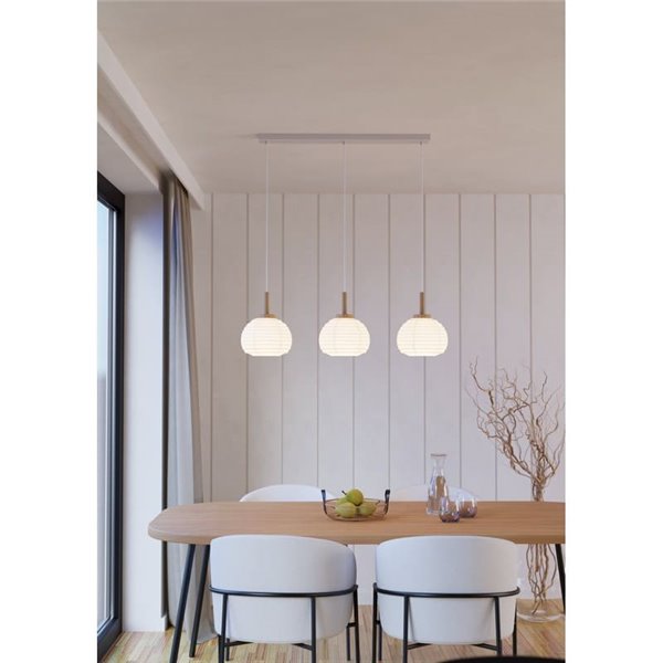 SUMMERHILL Lampe à suspension triple avec abat-jour en papier blanc et bois, 3XE27