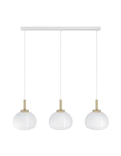Candeeiro suspenso triplo SUMMERHILL com abajures de papel branco e madeira, 3XE27