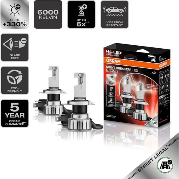 Ampoules LED intelligentes H4 Night Breaker LED approuvées en Espagne +330% de luminosité 64193DWNBSM-2HB Osram