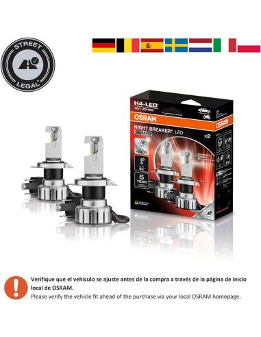 Países Bombillas Led H4 Night Breaker LED Smart homologadas en España +330% de brillo 64193DWNBSM-2HB Osram