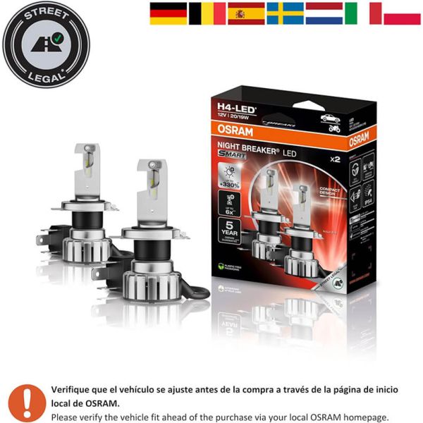 Países Lâmpadas Led H4 Night Breaker LED Smart aprovado na Espanha +330% de brilho 64193DWNBSM-2HB Osram