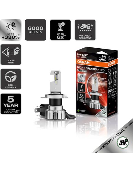 Iconos Bombilla Led H4 para motor Night Breaker LED Smart homologada en España +330% de brillo 64193DWNBSM-1HB