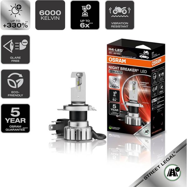 Iconos Bombilla Led H4 para motor Night Breaker LED Smart homologada en España +330% de brillo 64193DWNBSM-1HB