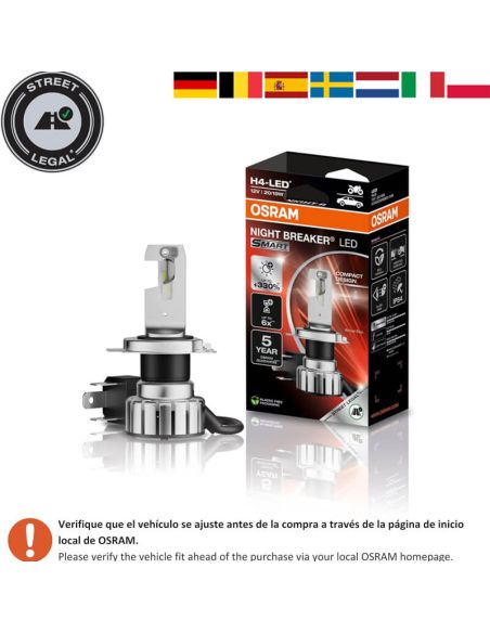 Paises Homologada Bombilla Led H4 para motor Night Breaker LED Smart homologada en España +330% de brillo 64193DWNBSM-1HB