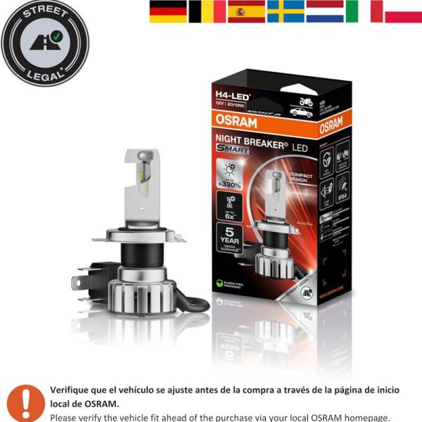 Paises Homologada Bombilla Led H4 para motor Night Breaker LED Smart homologada en España +330% de brillo 64193DWNBSM-1HB