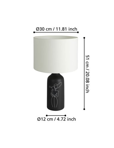 Candeeiro de mesa VINOZA preto com base cerâmica e abajur têxtil branco, E27