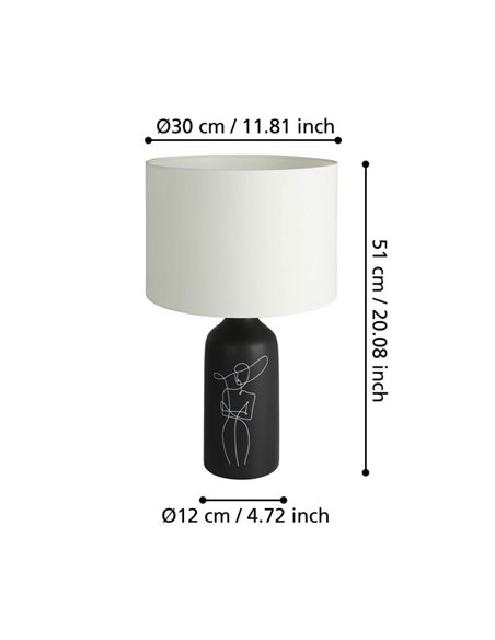 Lámpara de Sobremesa VINOZA Negra con Base de Cerámica y Pantalla Textil Blanca, E27