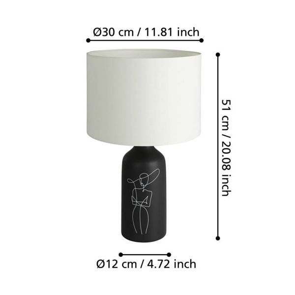 Lampe de table noire VINOZA avec base en céramique et abat-jour en textile blanc, E27