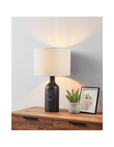 Lampe de table noire VINOZA avec base en céramique et abat-jour en textile blanc, E27