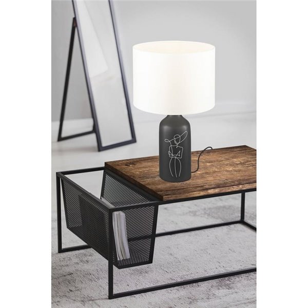 Candeeiro de mesa VINOZA preto com base cerâmica e abajur têxtil branco, E27