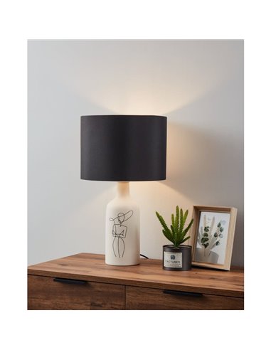Candeeiro de mesa branco VINOZA com base cerâmica e abajur têxtil preto, E27